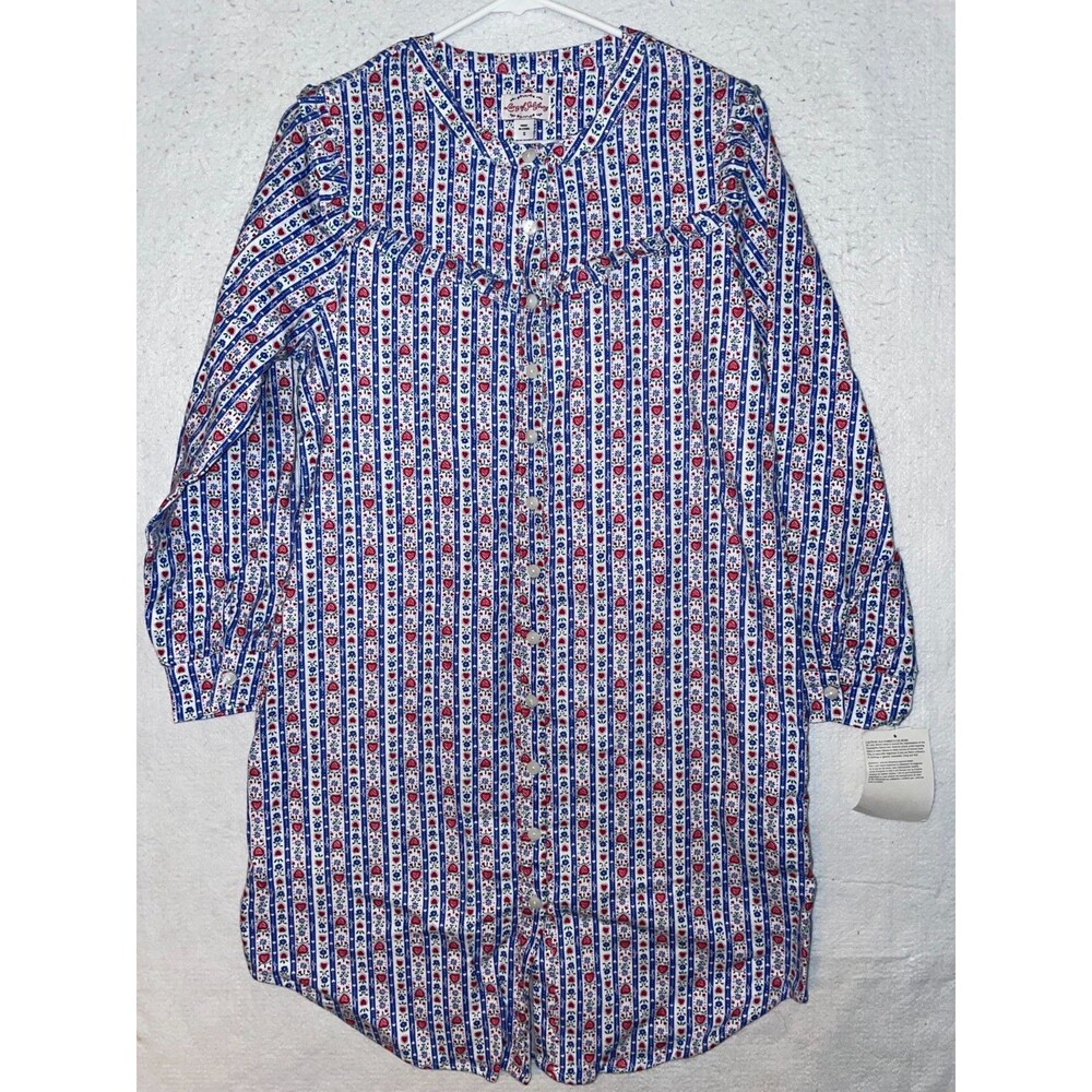 Lanz of Salzburg Flannel Nightgown Tyrolean Blue Stripe Hearts Floral sz S NWT